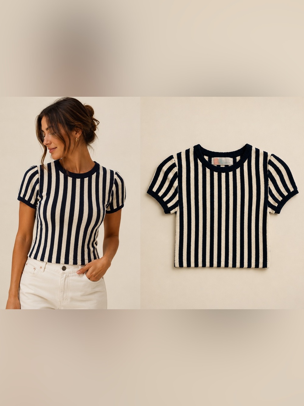 FP Beach Striped Terry Knit Top XS Navy Ivory Short Sleeve Crop Coastal Nautical